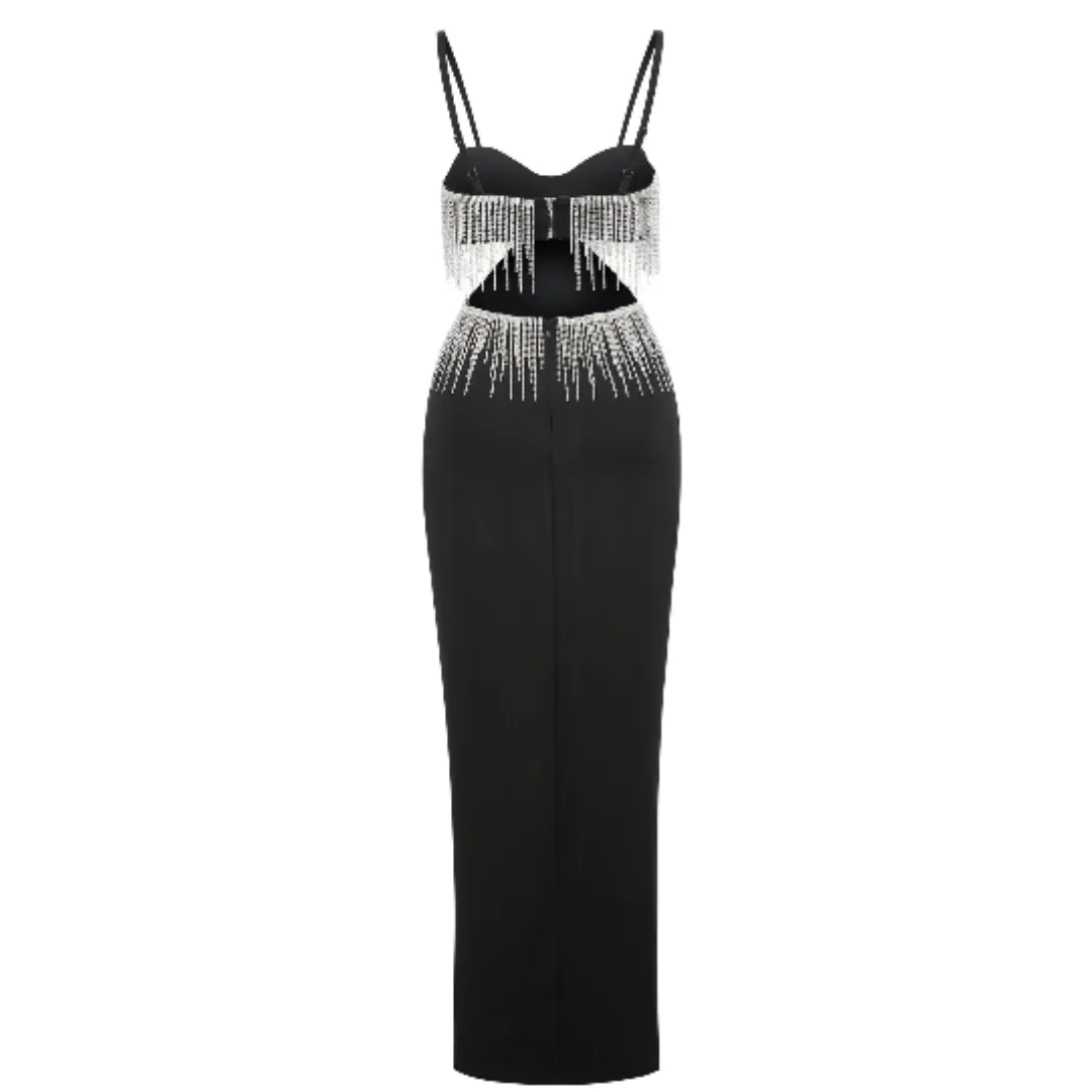 Diamond Tassel Spaghetti Strap Cut Out Gown