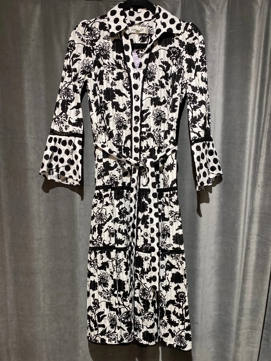 Diane Von Furstenberg Black and White Button Down Printed Midi Dress