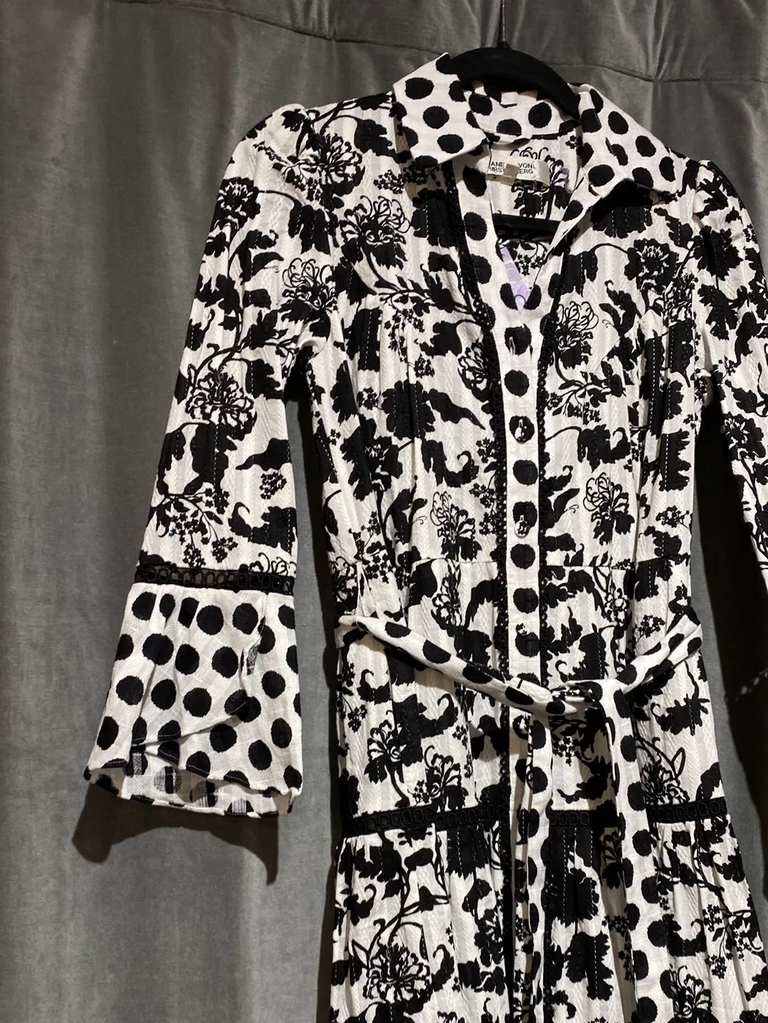 Diane Von Furstenberg Black and White Button Down Printed Midi Dress