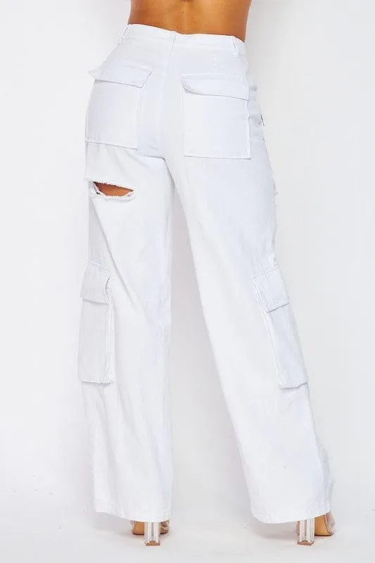 DISTRESSED CARGO WIDE LEG PANT