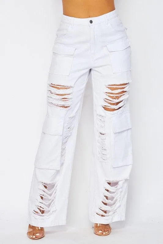 DISTRESSED CARGO WIDE LEG PANT