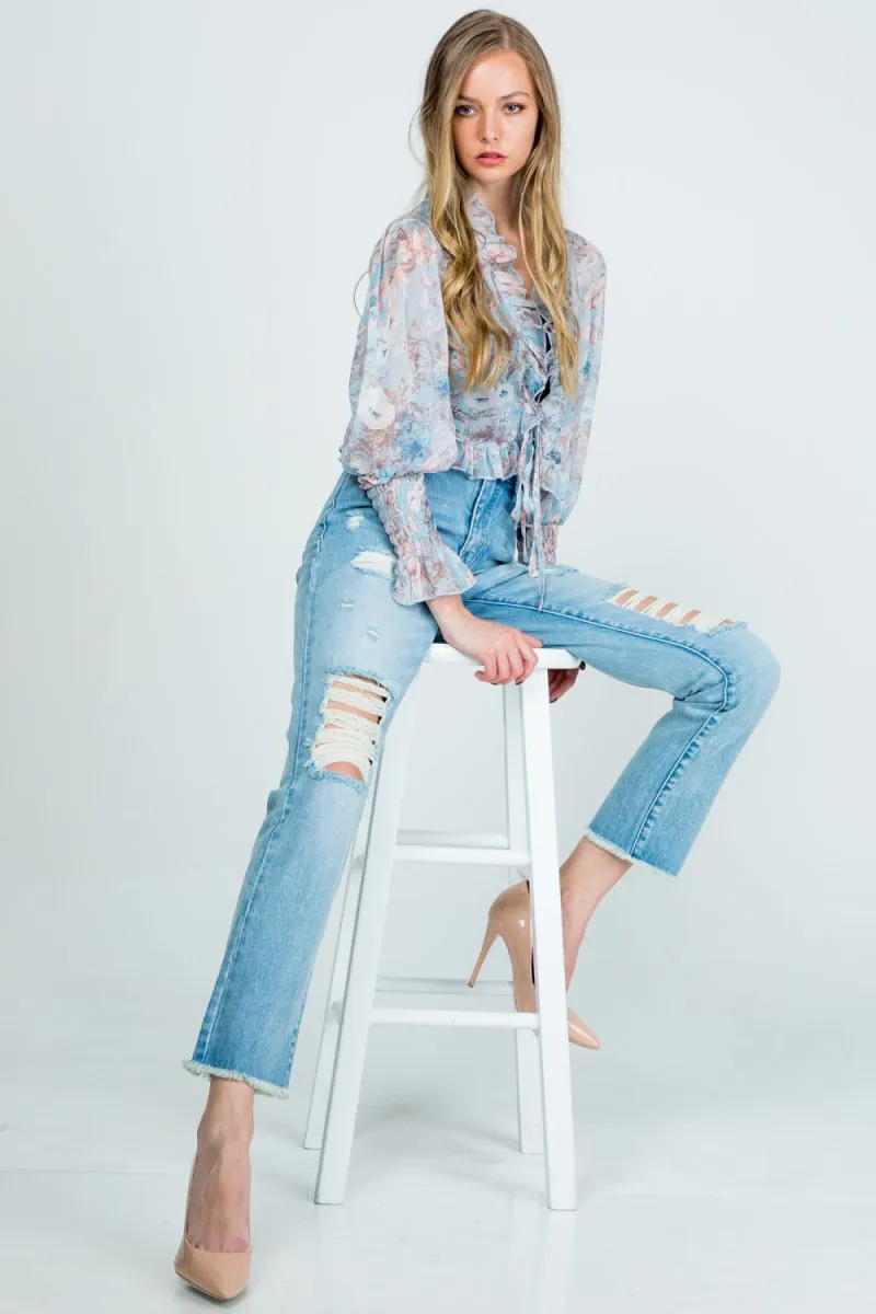 Distressed High Rise Mom Jeans
