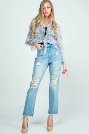 Distressed High Rise Mom Jeans
