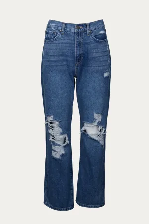 DISTRESSED HIGH-RISE STRAIGHT-LEG JEANS