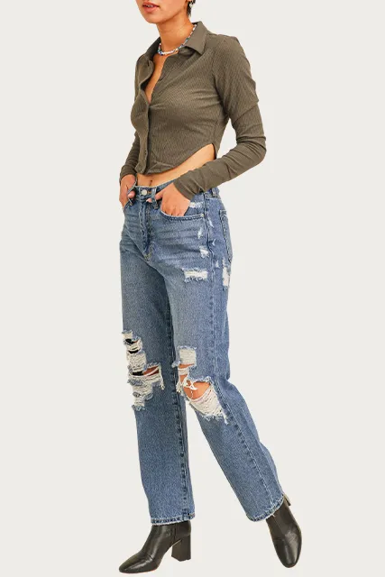 DISTRESSED HIGH-RISE STRAIGHT-LEG JEANS