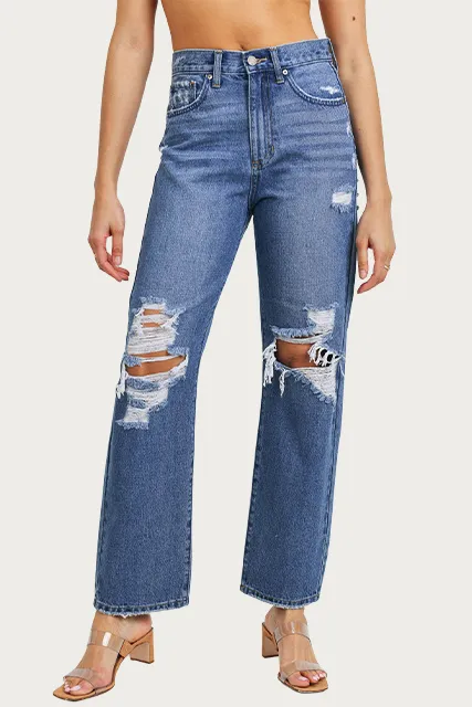 DISTRESSED HIGH-RISE STRAIGHT-LEG JEANS