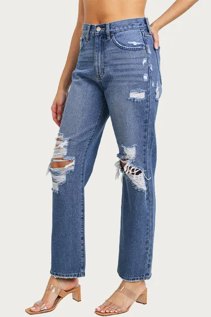 DISTRESSED HIGH-RISE STRAIGHT-LEG JEANS