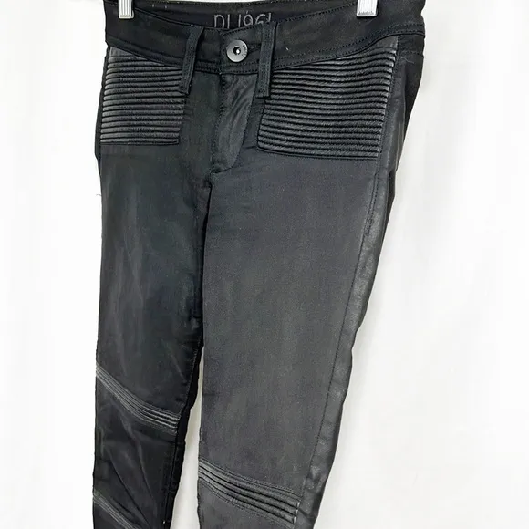Dl1961 River Moto Skinny Jeans in Toulouse Low Rise Black Lambskin Coated Black
