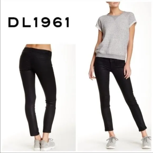 Dl1961 River Moto Skinny Jeans in Toulouse Low Rise Black Lambskin Coated Black