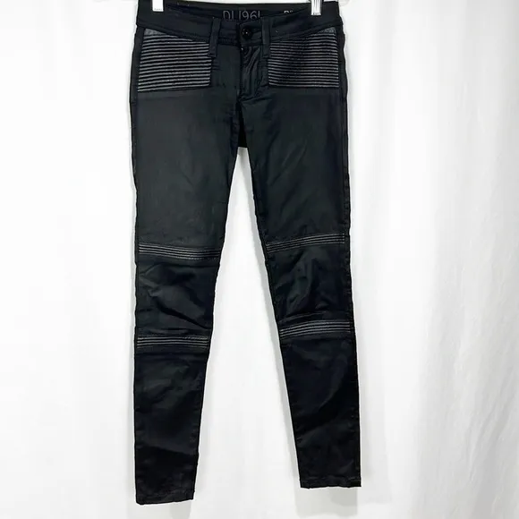 Dl1961 River Moto Skinny Jeans in Toulouse Low Rise Black Lambskin Coated Black