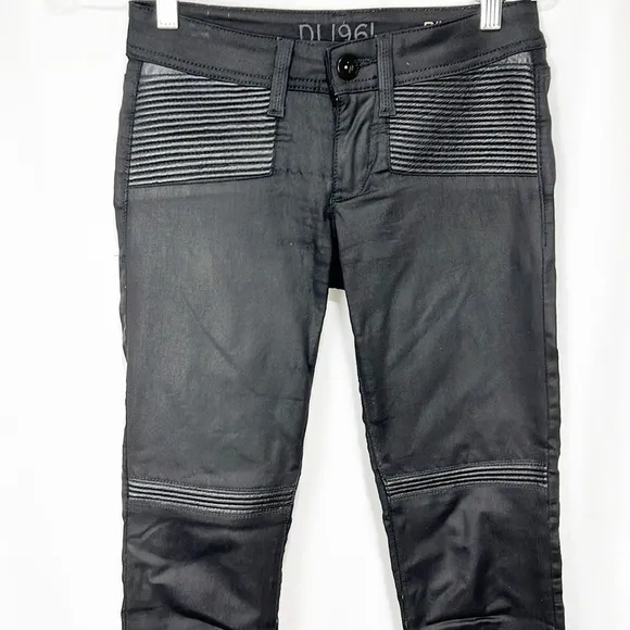 Dl1961 River Moto Skinny Jeans in Toulouse Low Rise Black Lambskin Coated Black