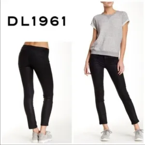 Dl1961 River Moto Skinny Jeans in Toulouse Low Rise Black Lambskin Coated Black