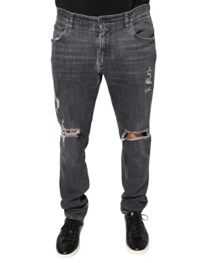 Dolce & Gabbana Dark Gray Tattered Cotton Skinny Denim Jeans