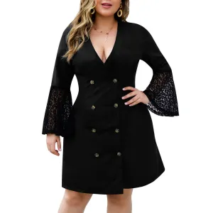 Double-breasted Lace Stitching Horn Long-sleeved Deep V Large Size Women's A-line Skirt