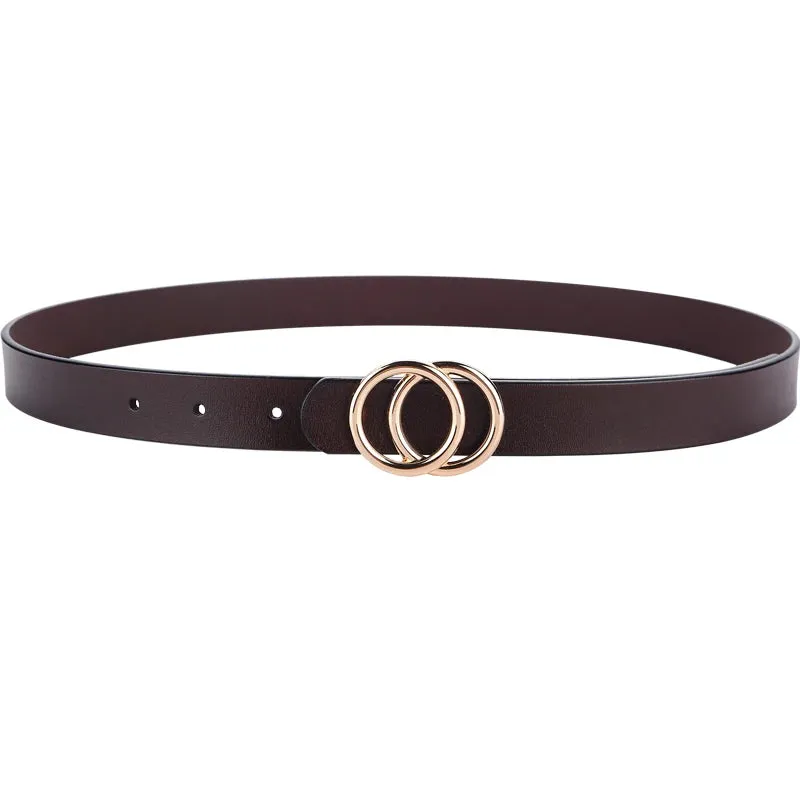 Double Ring Circle Button Leather Belt – Casual Elegance for Everyday Wear