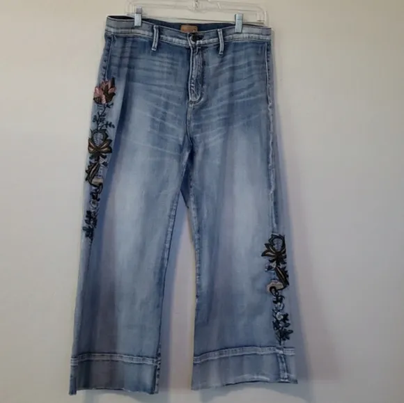 Driftwood Charlee Blossom Jeans Embroidered Crop Wide-leg Denim Size 30
