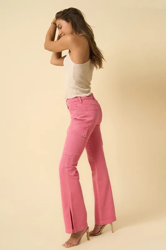 Dusty Pink Slim Cargo Bootcut Jeans