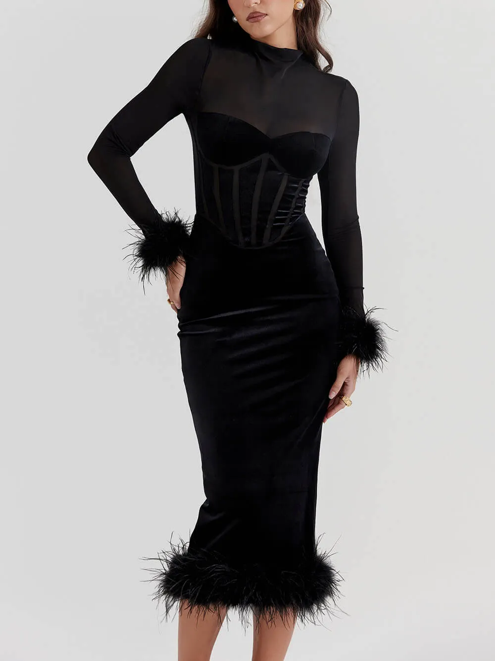 Elegance in Velvet - Black Velvet Midi Dress