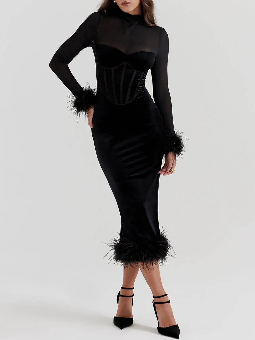 Elegance in Velvet - Black Velvet Midi Dress