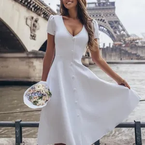 Elegant Deep V-neck Button Single-breasted Skater Midi Dresses