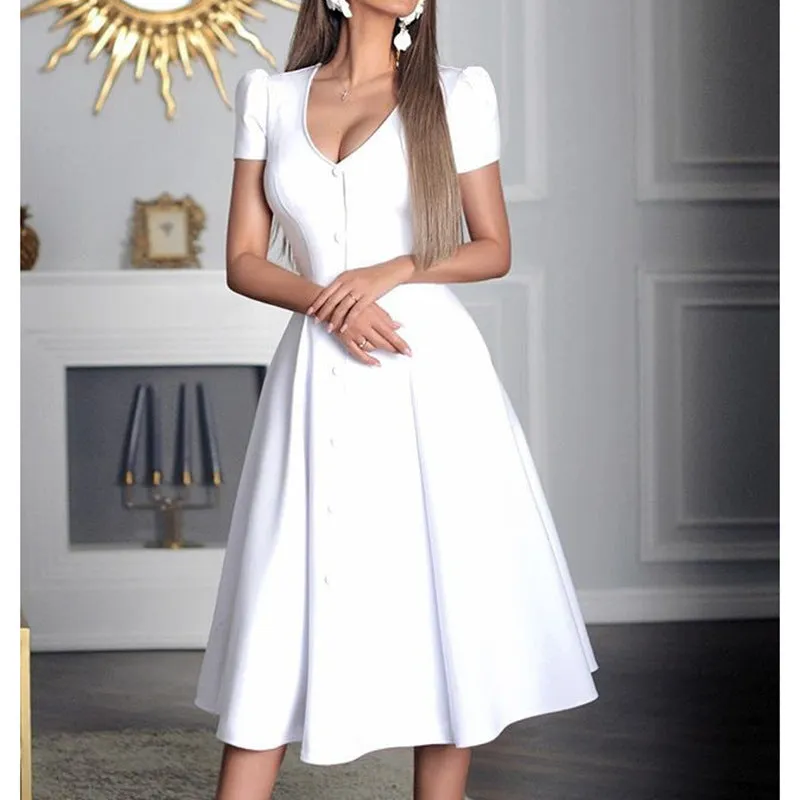 Elegant Deep V-neck Button Single-breasted Skater Midi Dresses