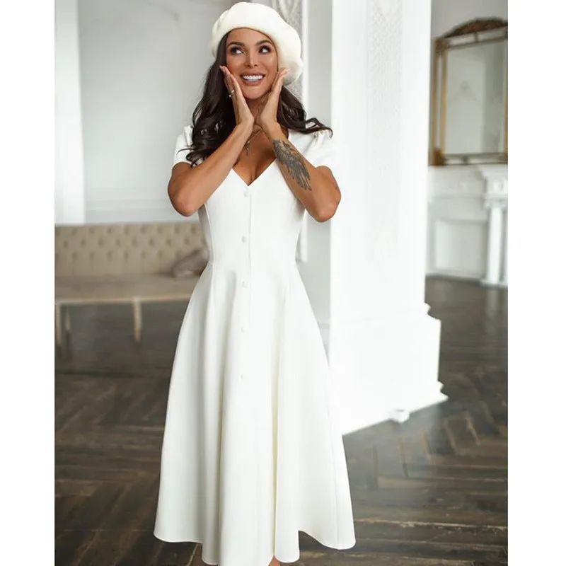 Elegant Deep V-neck Button Single-breasted Skater Midi Dresses