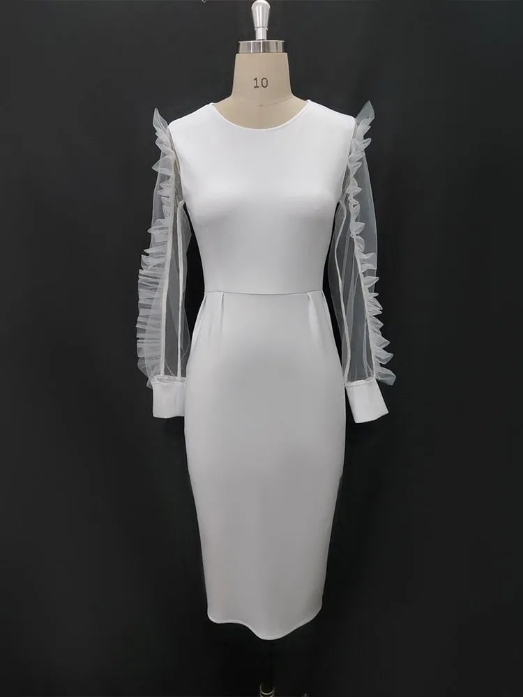Elegant Mesh Long Sleeve White Midi Dress