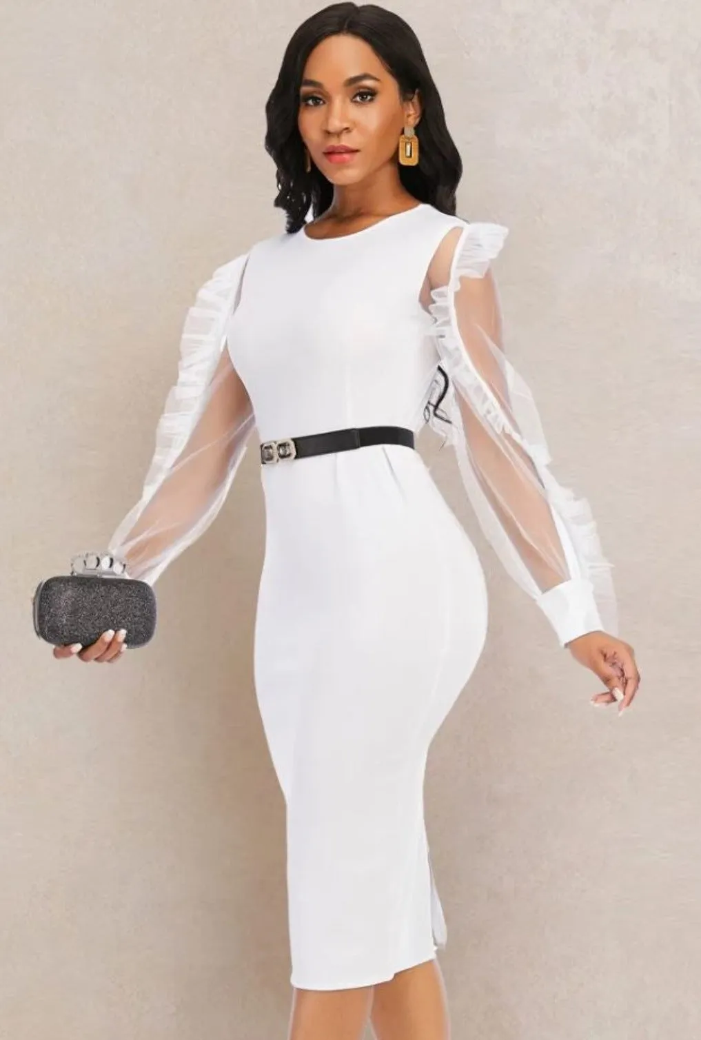 Elegant Mesh Long Sleeve White Midi Dress