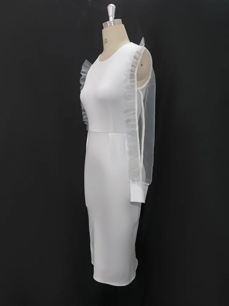Elegant Mesh Long Sleeve White Midi Dress