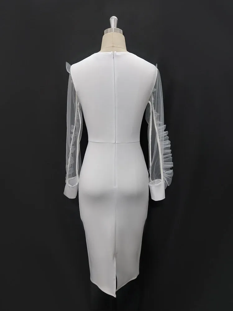 Elegant Mesh Long Sleeve White Midi Dress