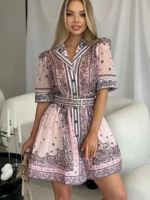 Elegant Printed Mini Dress With Belt Summer