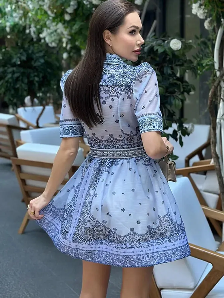 Elegant Printed Mini Dress With Belt Summer
