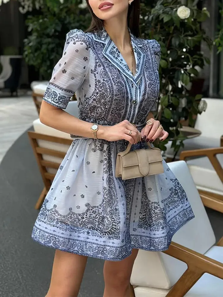 Elegant Printed Mini Dress With Belt Summer