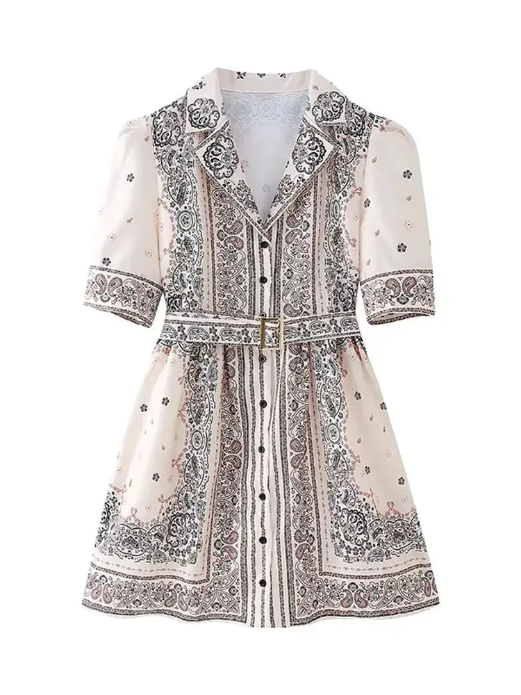 Elegant Printed Mini Dress With Belt Summer
