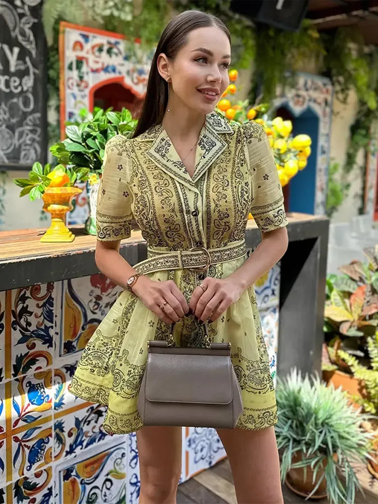 Elegant Printed Mini Dress With Belt Summer