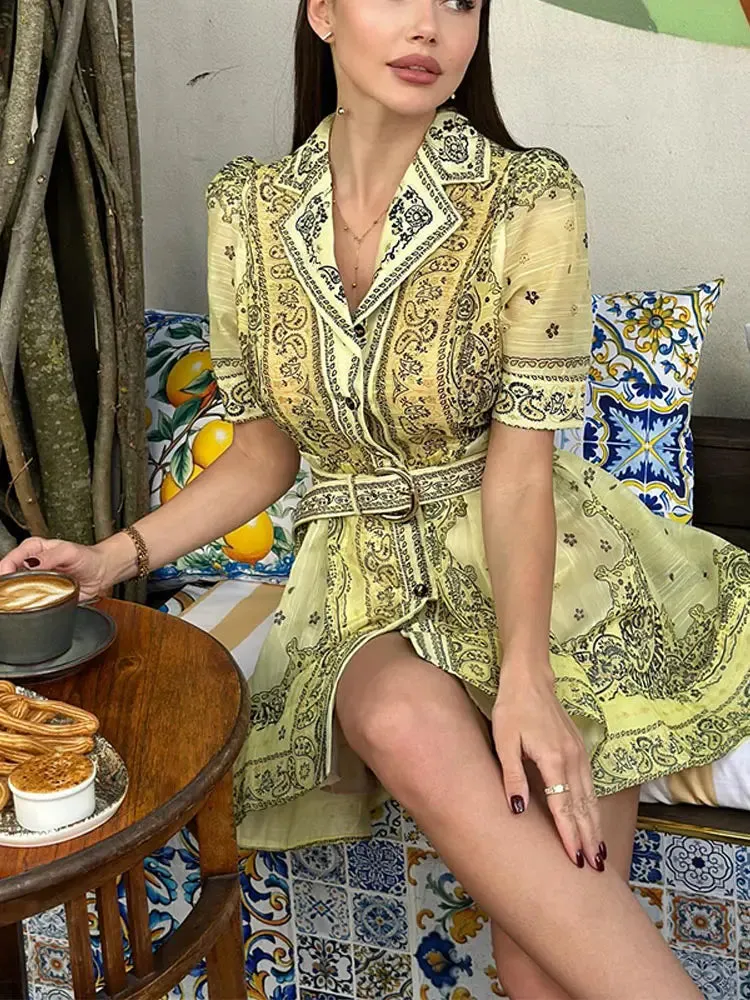 Elegant Printed Mini Dress With Belt Summer