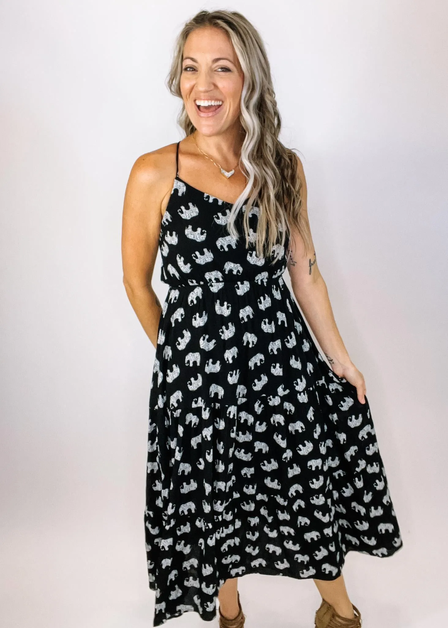 Elephant Print Cross back Midi Dress