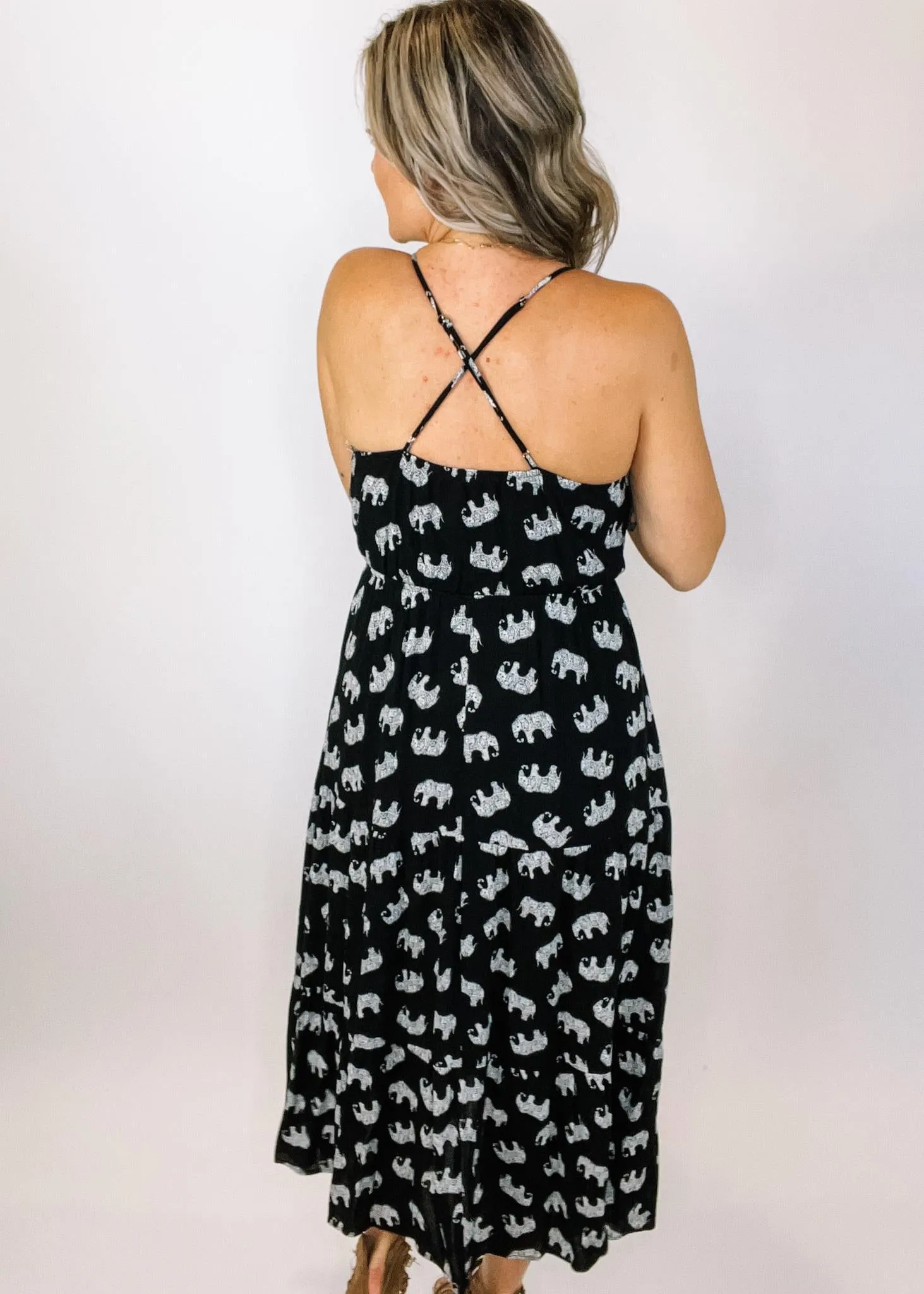 Elephant Print Cross back Midi Dress