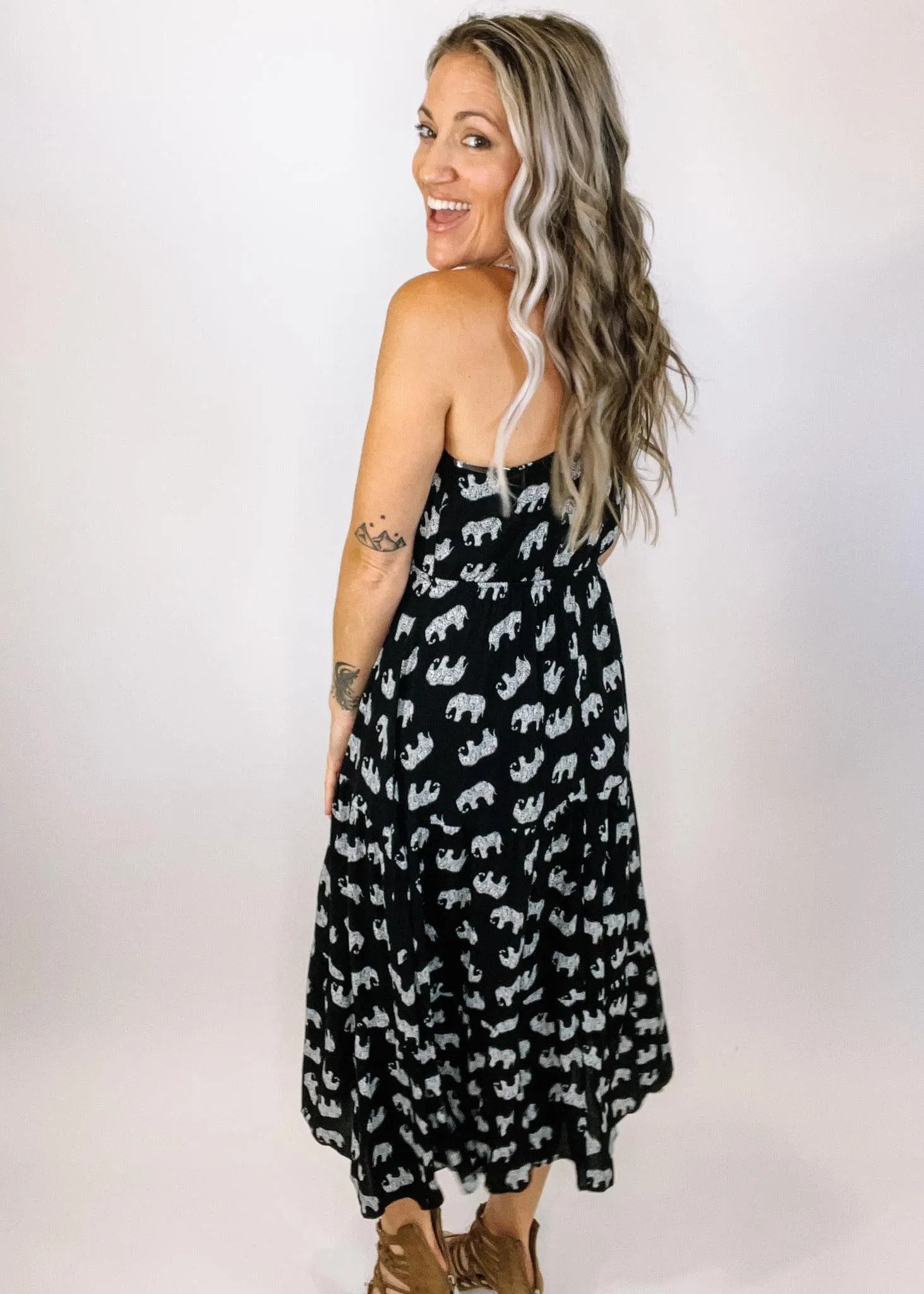 Elephant Print Cross back Midi Dress