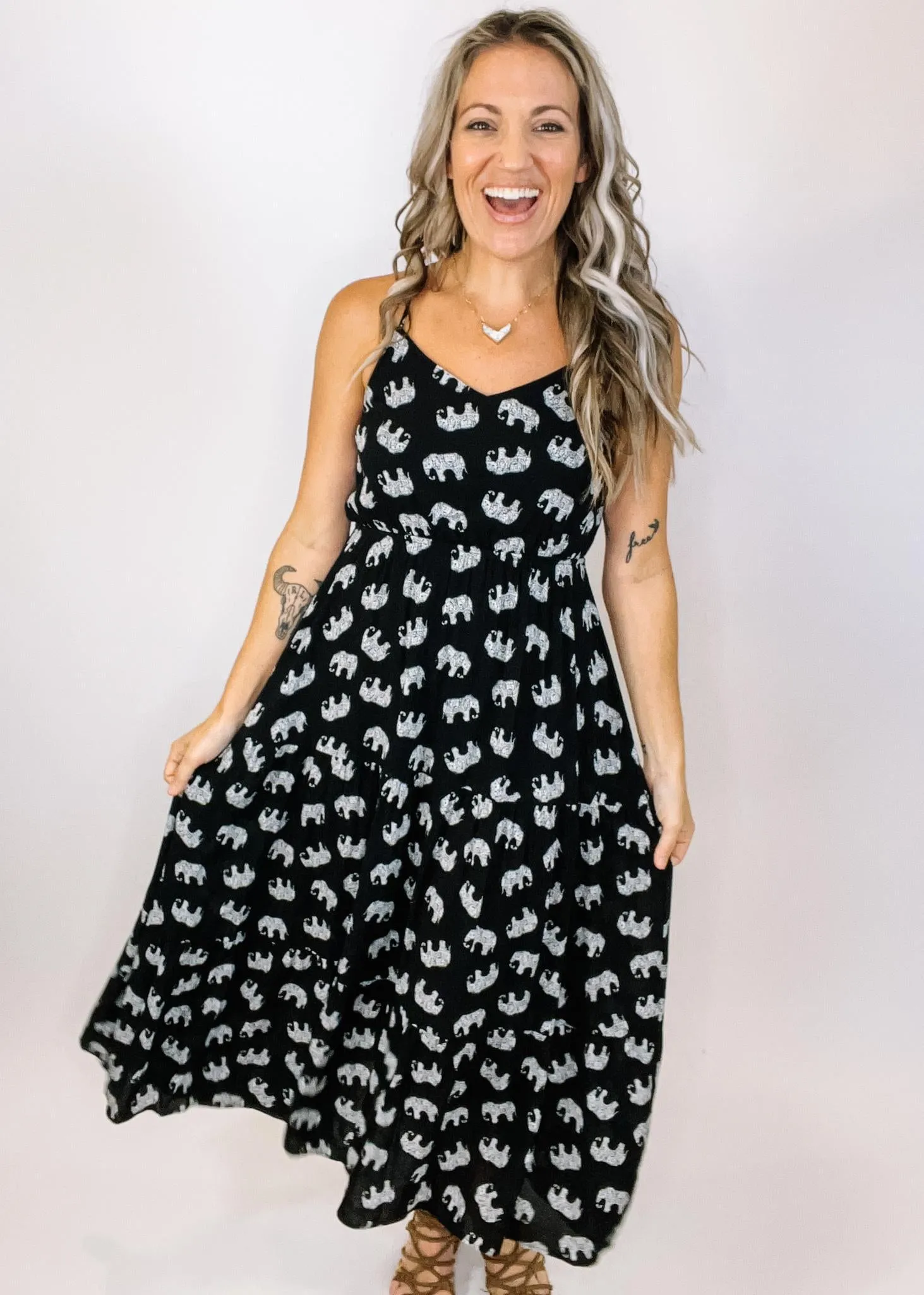 Elephant Print Cross back Midi Dress