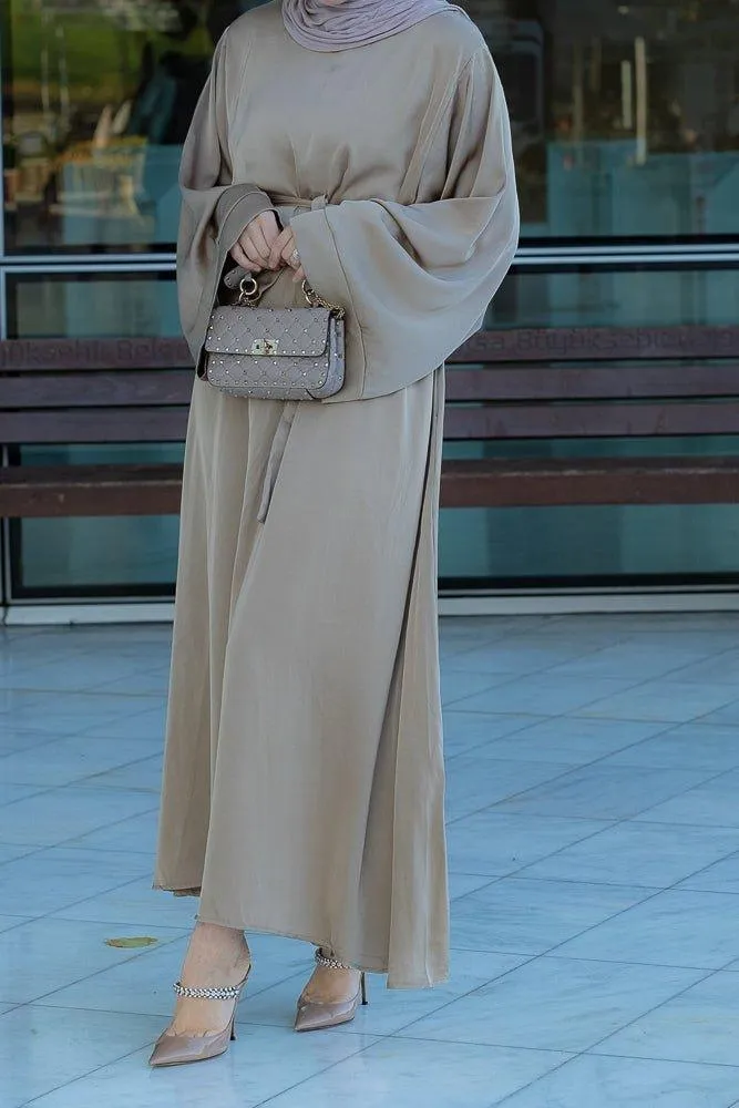 Elyna plain lightweight abaya with kimono long sleeve and belt in khaki brown