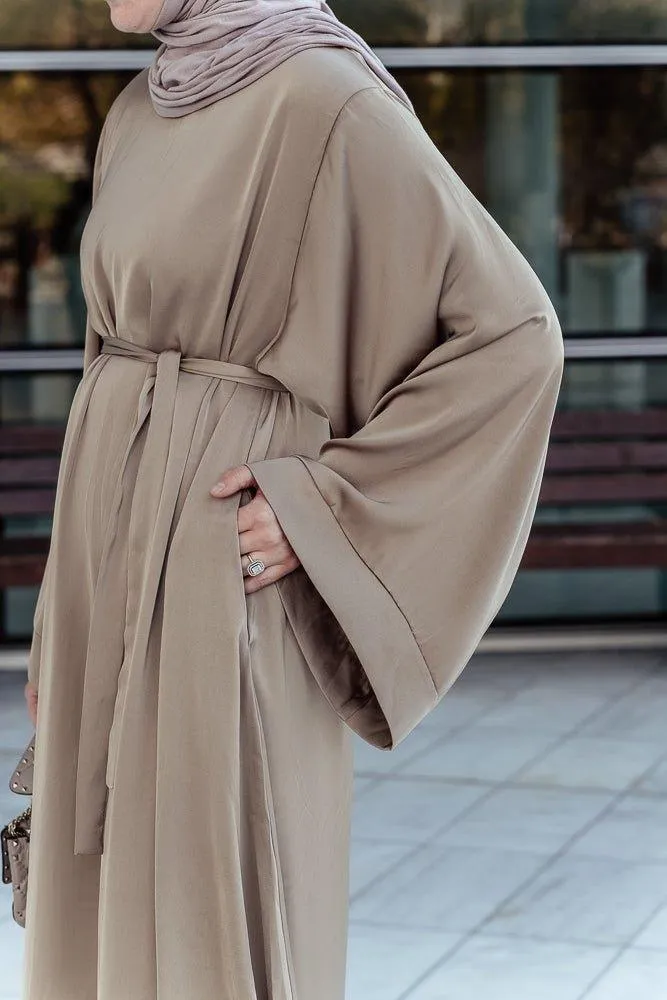 Elyna plain lightweight abaya with kimono long sleeve and belt in khaki brown