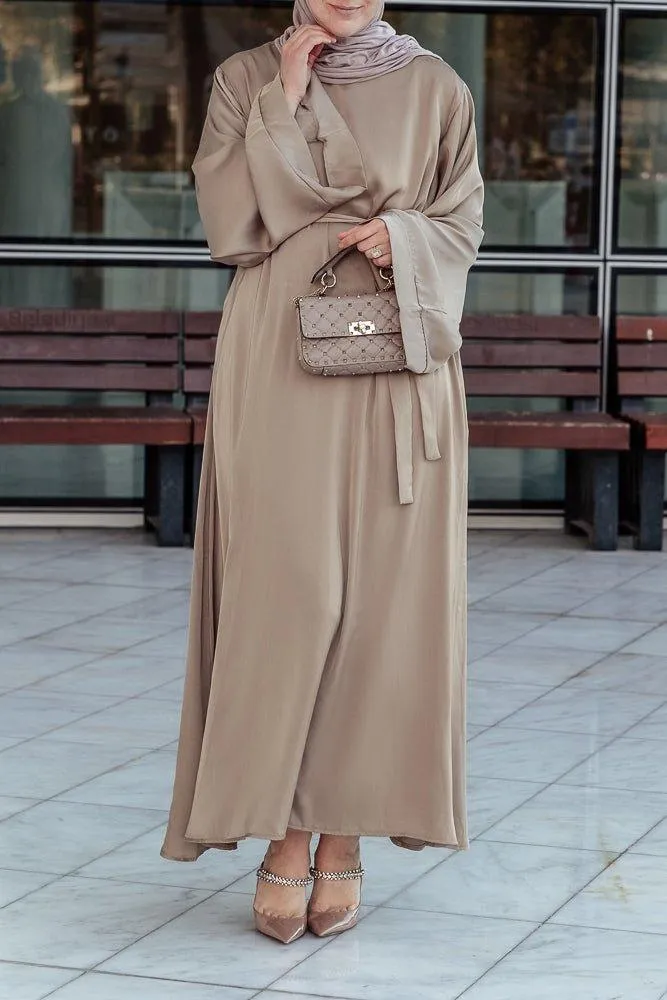 Elyna plain lightweight abaya with kimono long sleeve and belt in khaki brown