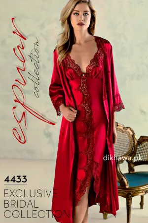 Espuar - Exclusive Bridal Wedding Honeymoon 2Pc Long Nighty Set with Robe Maroon 4433 - Turkish Brand