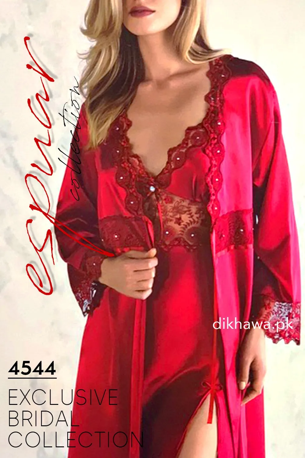 Espuar - Exclusive Bridal Wedding Honeymoon 2Pc Long Nighty Set with Robe Maroon 4544 - Turkish Brand
