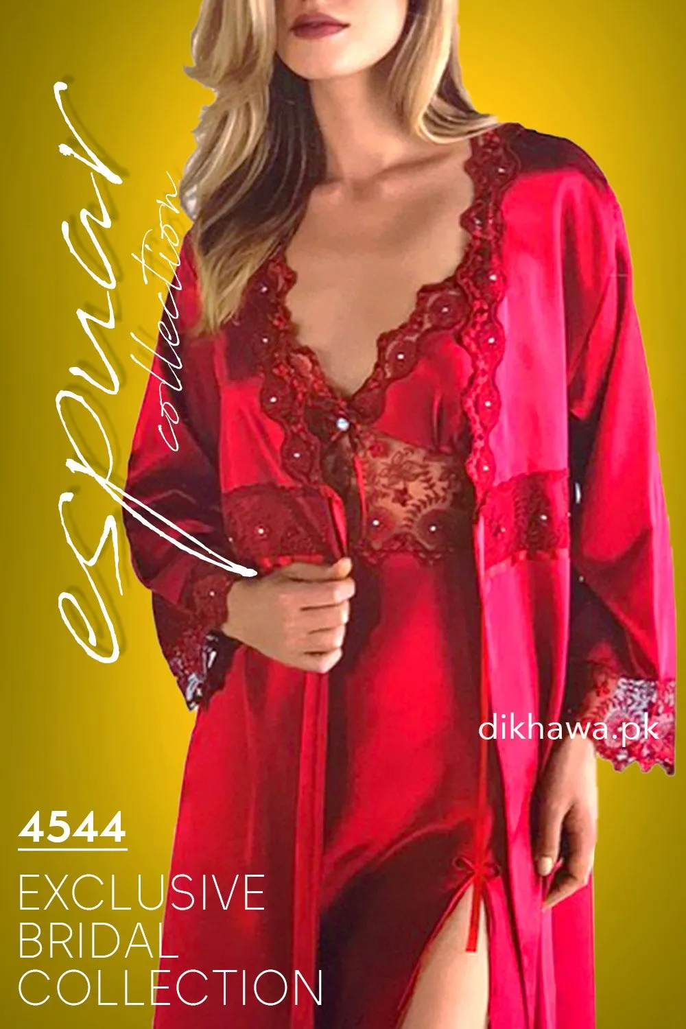 Espuar - Exclusive Bridal Wedding Honeymoon 2Pc Long Nighty Set with Robe Maroon 4544 - Turkish Brand