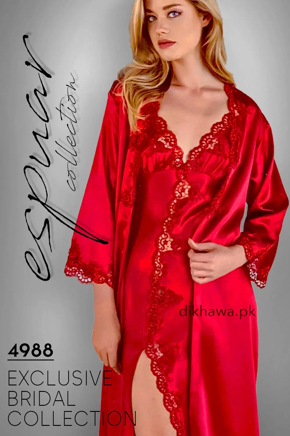 Espuar - Exclusive Bridal Wedding Honeymoon 2Pc Long Nighty Set with Robe Maroon 4988 - Turkish Brand