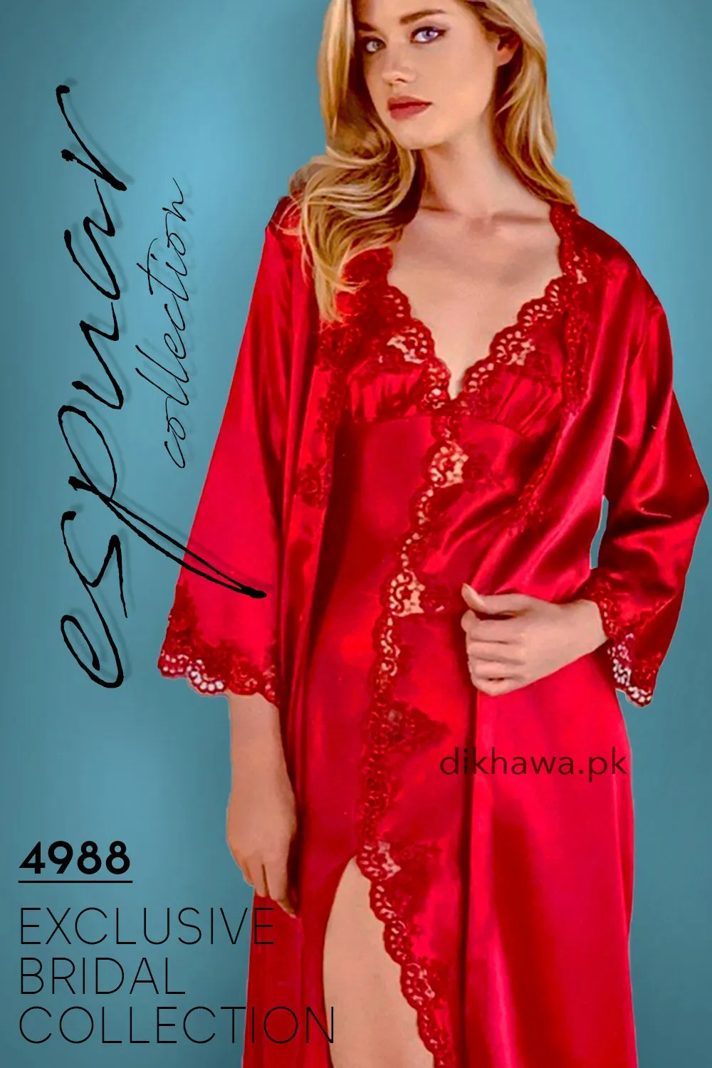 Espuar - Exclusive Bridal Wedding Honeymoon 2Pc Long Nighty Set with Robe Maroon 4988 - Turkish Brand
