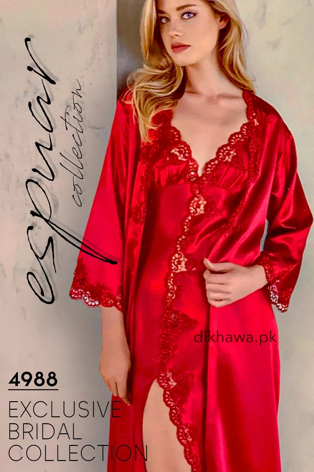 Espuar - Exclusive Bridal Wedding Honeymoon 2Pc Long Nighty Set with Robe Maroon 4988 - Turkish Brand