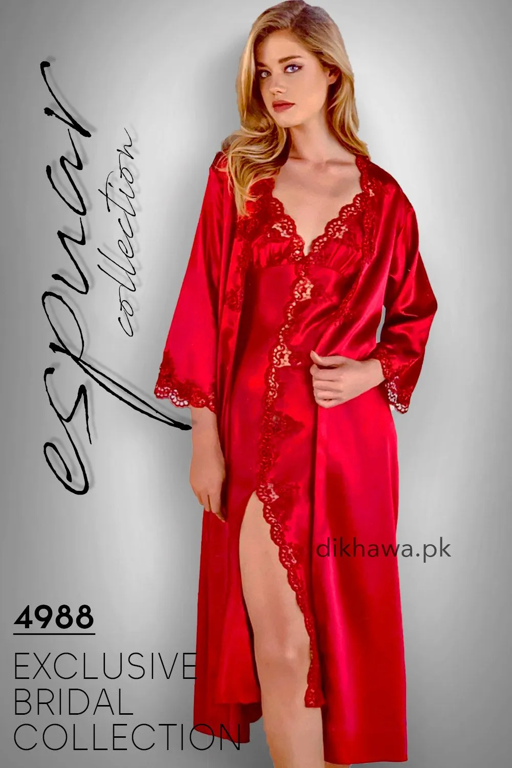 Espuar - Exclusive Bridal Wedding Honeymoon 2Pc Long Nighty Set with Robe Maroon 4988 - Turkish Brand